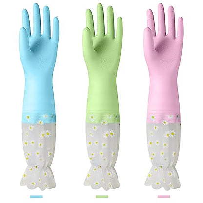 KAQ Dishwashing Cleaning Gloves 3 Pairs-Reusable Cotton Liner Rubber Gloves Long cuff 19.5" Non-Slip Kitchen Gardening Gloves