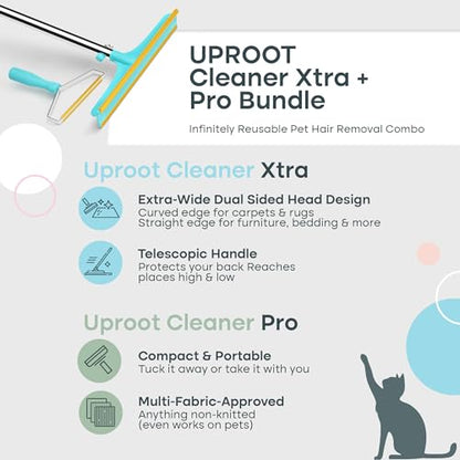 Uproot Cleaner Pro Pet Hair Remover Bundle - Including Xtra Carpet Rake for Pet Hair Removal Tool - Scrape Easy the Cat & Dog Fur from Your Carpet, Rugs, Cat Bed, Car Trunk & More - color: Xtra + Pro