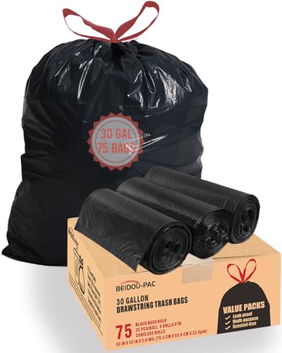 BEIDOU-PAC 30 Gallon Trash Bags Drawstring, 75 Count Bulk, Black & Unscented, Multi-purpose Garbage Bags Can Liners for Business Home Kitchen Commercial and Industrial - style: 30 Gallon |75 Count