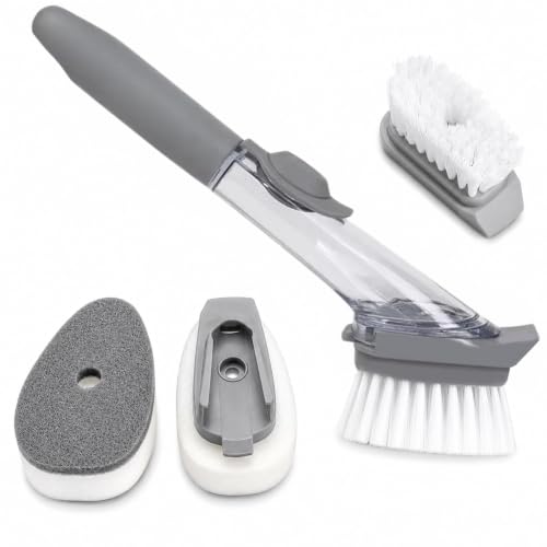 5-in-1 Soap Dispensing Dish Wand Kit | All-in-One Kitchen Cleaning Tool, Scrub Brush and Sponge Set with Soap Dispenser | Includes 2 Brushes, 2 Sponges, for Cleaning Dishes, Cookware, Utensils & Pots