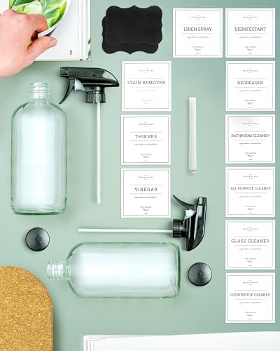 Vine Creations Glass Spray Bottles, 2 Pack Refillable Spray Bottles for Cleaning Solutions, Plant Misters, Clear Glass Spray Bottle for hair, 16 oz Mister Spray Bottle with Waterproof Labels - color: Clear Bottle / Black Nozzle