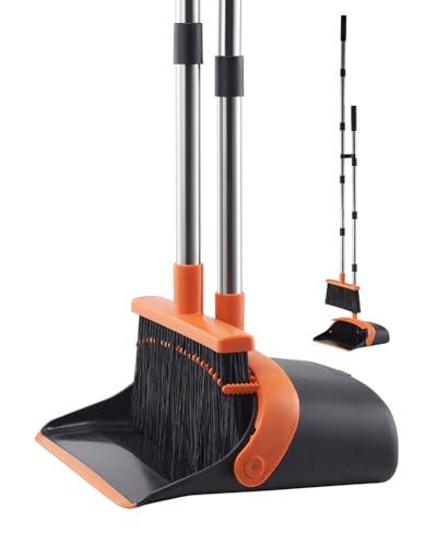 VEVOR Broom and Dustpan Set, Heavy Duty Dustpan and Broom Combo with Self-Cleaning Teeth, Metal Upright Standing Dust Pan with Long Handle, Ideal for Home, Restaurant, Office, Dorm, Black+Orange