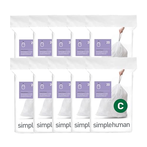 simplehuman Code C 200 Count Custom Fit Liners, Drawstring Kitchen Trash Bags, One-by-One Mess-Free Dispense, Extra Thick & Double Seamed, 50% PCR Plastic, 10-12 Liter / 2.6-3.2 Gallon, White - size: 200 Count (Pack of 1)