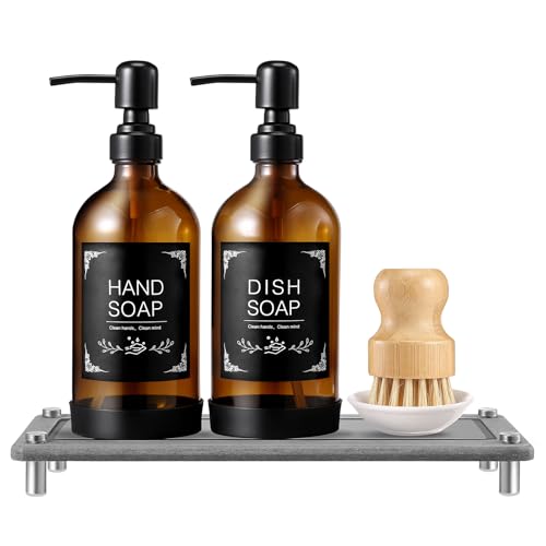 Dish Soap Dispenser Set for Kitchen 16oz Glass Bottle with Stainless Steel Pump, Instant Dry Tray, Perfect for Kitchen Decor and Bathroom Accessories, Women’s Gifts for Christmas - color: Amber Bottle + Grey Tray