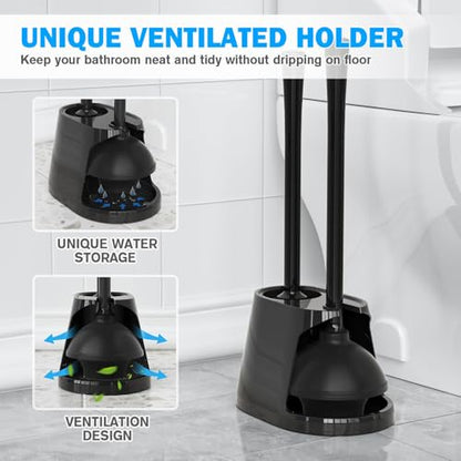 Toilet Plunger and Brush Set, Bowl Brush and Heavy Duty Toilet Plunger with Ventilated Holder, 2-in-1 Toilet Brush and Plunger Combo for Bathroom Deeply Cleaning（Black - color: Black01