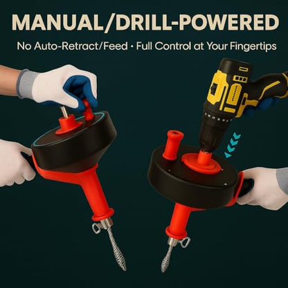 42 FT Drain Snake Hair Drain Clog Remover, Manual Or Powered, Plumbing Snake With Drill Adapte,Unclog Sink Drain Tool, Drain Auger for Toilet、Shower、Kitchen、Sink, No Auto Retract Or Feed, Red - color: Red