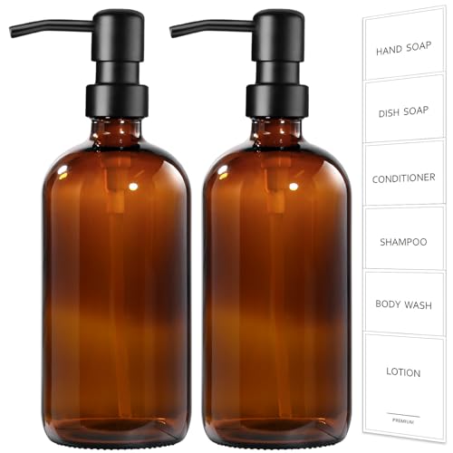 GMISUN Amber Glass Soap Dispenser, 2 Pack Bathroom Hand Soap Dispensers with Stainless Steel Pump, 17 Fl Oz Kitchen Hand and Dish Soap Dispenser Set, Modern Vintage Liquid Brown Soap Dispensers Bottle - color: Amber Bottle + Black Pump, size: 2 Pack