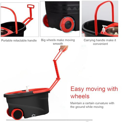 Spin Mop and Bucket with Wringer Set on Wheels,360° Spinning Mop Bucket System for Floor Cleaning, Mop and Bucket Set with 3 Microfiber Mop Replacement Heads and 61" Stainless Steel Adjustable Handle - color: Black Red