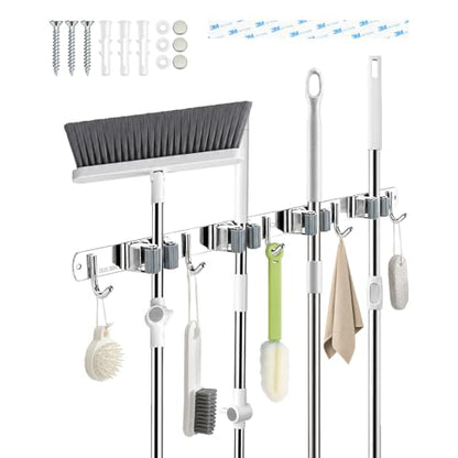 4 Racks and 5 Hooks Mop and Broom Holder Wall Mount, 304 Stainless Steel Broom Hanger Organizer for Home Kitchen Garden Laundry Garage - size: 4 Racks 5 Hooks