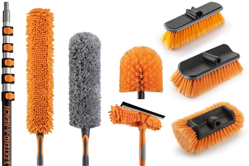 20 Foot High Ceiling Duster and Brush Kit with 7-24 ft Extension Pole // Telescoping Duster, Window Squeegee and Cobweb Duster with Exension Pole // Interior and Exterior House Cleaning Brushes