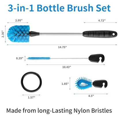 RAYMYLO Bottle Brush Cleaner with Straw Brush, 3-in-1 Long Handle Water Bottle Cleaner Brush Set, Cleaning for Narrow Neck Bottles, Sport Bottles, Baby Bottles, Tumblers Mugs, Straw Lids and Straws