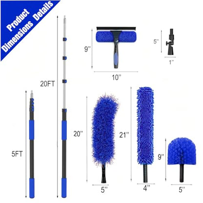 26FT Reach Duster Kit, Window Cleaning with 5-20FT Telescoping Extension Pole, High Ceiling Duster, Microfiber Feather Duster, Cobweb Duster, Window Squeegee, Feather Duster, Extendable Pole Kit - color: Blue, size: 20FT