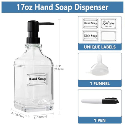 3 Pack Glass Soap Dispenser with Pump, 17oz/500ml Square Refillable Hand and Dish Soap Dispenser for Bathroom Decor & Kitchen Sink, Clear Pump Bottles for Liquid, Lotion (Includes 6 Labels) - size: 17 oz Clear 3Pack