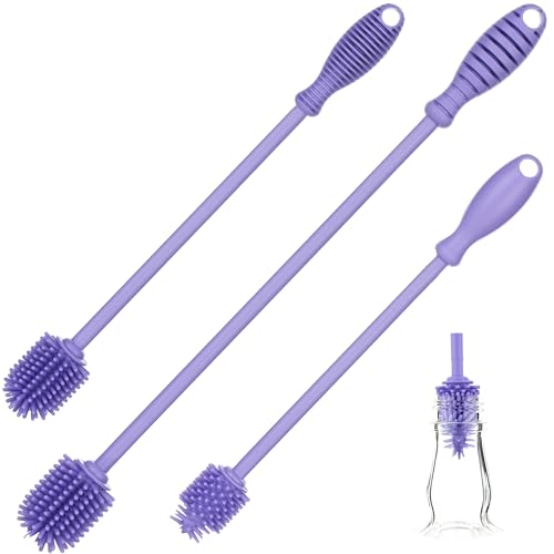 A-Brush Silicone Bottle Cleaner Brush, 3 Piece Set, Long Handle - Water Bottle Cleaner, Baby Bottle Nipple Brush for Plastic & Glass, BPA-Free Dish Washing Brush A2S Protection - color: Purple 3pk