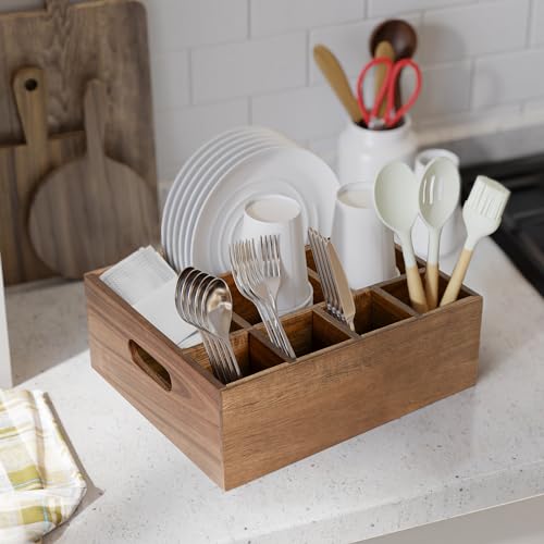 VaeFae Acacia Wood Caddy Organizer, Napkin and Paper Plate Holder, Wooden Utensil Holder, Silverware Caddy for Kitchen, Camping, Party - size: Large