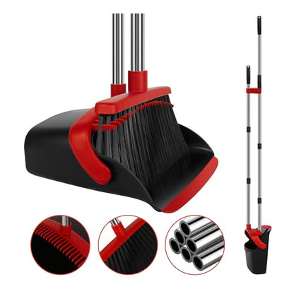 Broom and Dustpan Set, Heavy Duty Large Household Broom with Dustpan Combo Set, 55 Inch Long Handle, Red Dust Pan Combo Set for Home