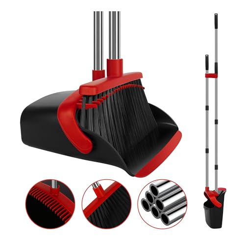 Broom and Dustpan Set, Heavy Duty Large Household Broom with Dustpan Combo Set, 55 Inch Long Handle, Red Dust Pan Combo Set for Home