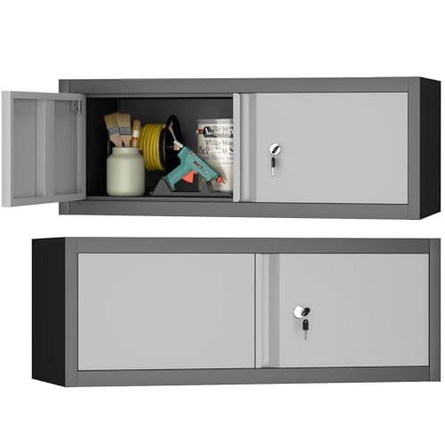 GREATMEET Metal Garage Storage Cabinets, Lockable Storage Cabinet with Doors, Wall Mount Cabinet Storage with Lock, Hanging Floating (Grey, 13" H) - color: Black & Grey, size: 12.8"H Wall