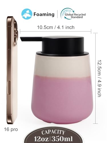 INGOFIN Ceramic Foaming Soap Dispenser - 12oz Foam Hand Soap Dispenser Bathroom, Refillable Modern Dish Dispenser with Pump for Kitchen, Beige and Pink - color: Beige and Pink-foam