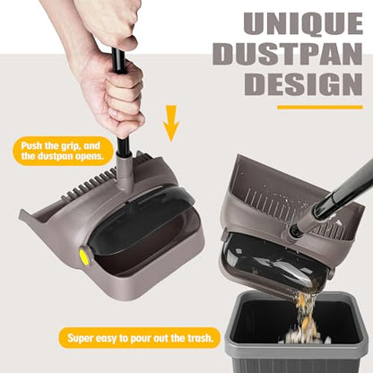 JEHONN Broom with Dustpan Combo Set Lightweight 54'' Long Handle Swivel Broom Indoor Patented Openable Dust Pan Tail for Kitchen Home Office (Brown Yellow)