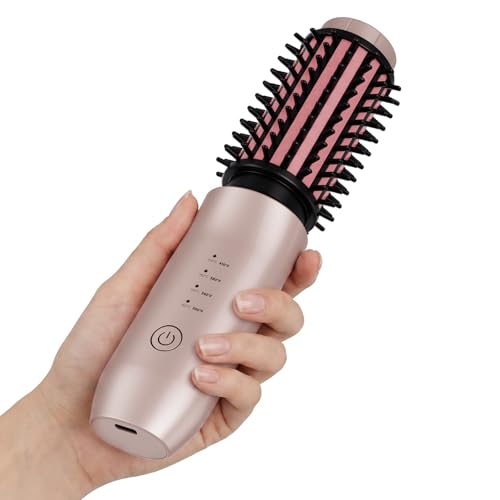 CARESKY® Cordless Curling Iron Brush, Rechargeable Battery Curling Iron with 200 Million Negative Ions, Portable Travel Curling Iron Brush, Cordless Heated Round Hair Curler Brush for Styles,Touch-Up - color: Champagne Pink