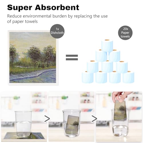 5 Pcs Oil Painting Swedish Dishcloths, Tree & Flower Swedish Dishcloth, Classic Art Dish Cloths for Drying Dishes, Reusable Cleaning Cloths, Housewarming Gifts for Women 1 - color: Lm 03422