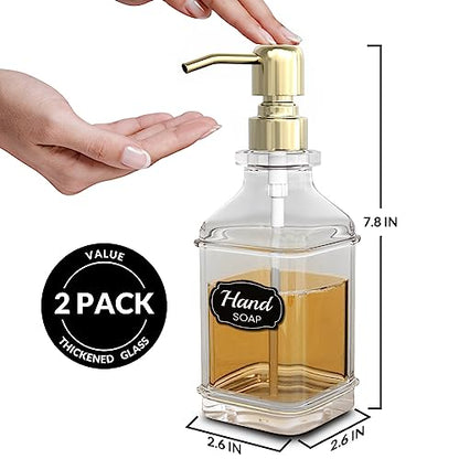 LMQML Soap Dispenser - 2 Pack, Antique Design Thick Glass Hand Soap Dispensers with Sturdy Tray; 304 Rust Proof Stainless Steel Pump, 12Pcs Stickers, for Kitchen, Bathroom - color: Gold