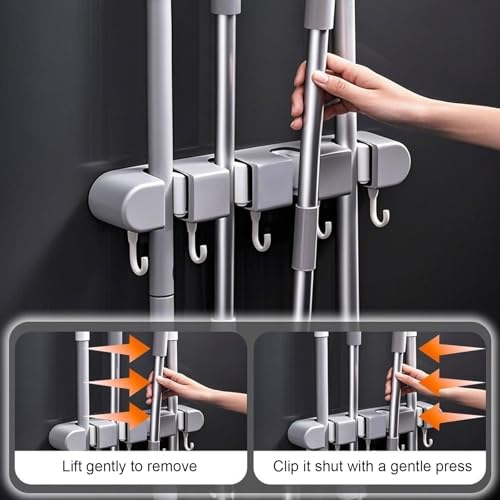 Broom & Mop Holder Wall Mount - 4 Racks & 5 Hooks Storage Organizer for Home, Kitchen, Garage, Garden, Laundry & Bathroom, Space-Saving Utility Rack