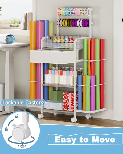 Rsaayekkt Rolling Wrapping Paper Storage Cart with Fabric Drawer White | Vertical gift wrapping organizer storage, fits 12x12 scrapbook paper, heavy duty craft cart with wheels, space saving station - color: White-bilateral