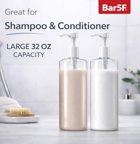 Bar5F Pump Bottle (2-Pack 32-Ounce 1-Liter) Empty for Shampoo Conditioner Body Wash Lotion BPA-Free Crystal-Clear - size: Pack of 2