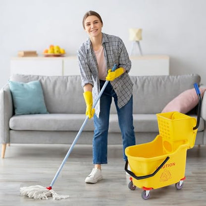 Heavy Duty 32L Commercial Mop and Bucket Set – Double Bucket Floor Cleaning System with Side Press Wringer, Rolling Wheels, for Janitorial, Restaurant, Office, Industrial Use – Yellow