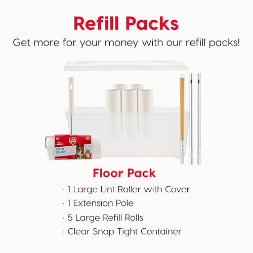 IRIS USA Extra Sticky Lint Roller, Large with Adjustable Extension, Storage Box, Refills, 90 Sheets/Roll, 540 Sheets Total, Easy Tear Lint Remover for Dog Cat Pet Hair On Bed Floor Sofa - size: Large w/ Extension