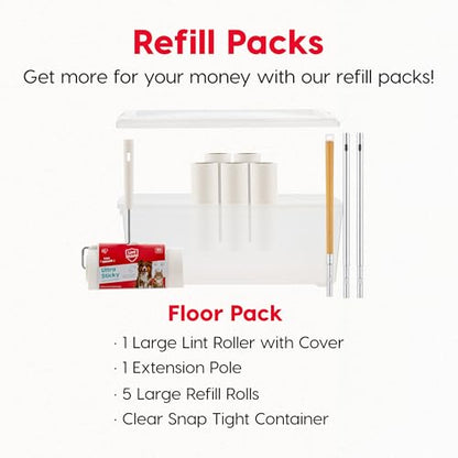 IRIS USA Extra Sticky Lint Roller, Large with Adjustable Extension, Storage Box, Refills, 90 Sheets/Roll, 540 Sheets Total, Easy Tear Lint Remover for Dog Cat Pet Hair On Bed Floor Sofa - size: Large w/ Extension