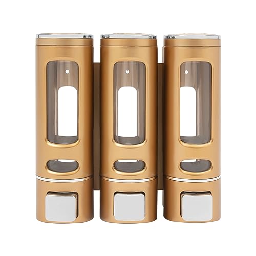 3-Head 400 ml Gold Soap Dispenser, Wall-Mount Triple Chamber Shampoo Conditioner Body Wash Pump, Bathroom Shower Gel Holder, Hotel Gym School Mall Refill Bottle, Adhesive or Screw Install