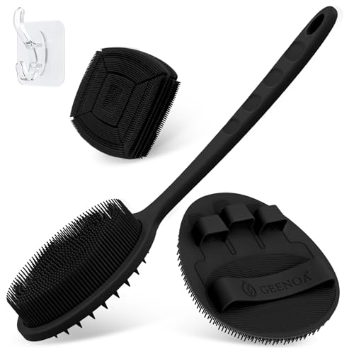 Silicone Back & Face Scrubber & Bath Glove Set 3PCS, 13.4'' Gentle Back Scrubber with Dual-Side Head, 360° Anti-Slip Bath Glove, Unique Side-bristled Face Scrubber for All-round Cleaning(Black) - color: Black*3