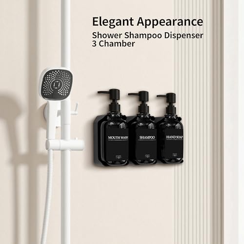 Shampoo and Conditioner Dispenser, Shower Soap Dispenser with 16 Waterproof Labels, Shampoo Dispenser for Shower Wall, Shower Dispenser 3 Chamber No Drill, 17oz, Black - color: Black Bottle + Black Pump