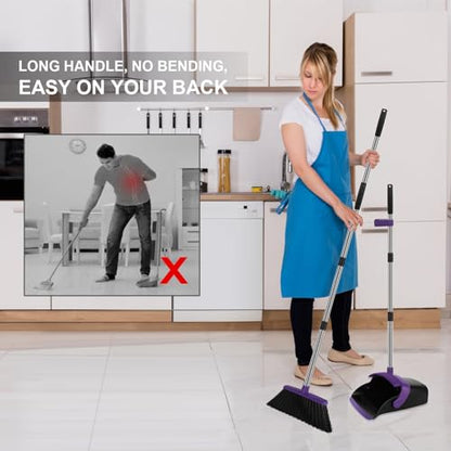 Broom and Dustpan Set, Large Household Dustpans and Broom with 55 Inch Long Handle, Pueple Broom with Dustpan Combo Set for Home - color: Purple, size: Large