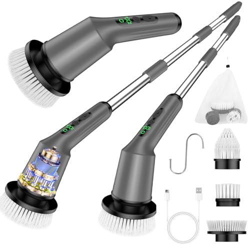 Electric Spin Scrubber for Cleaning Bathroom, Shower Scrubber Cordless Cleaning Brush with IPX7 Waterproof & 2 Speed, 3 Brush Heads, Bathroom Cleaning Supplies for Shower Tub Tile Toilet Grey - color: Gray, size: 3 Brush Heads