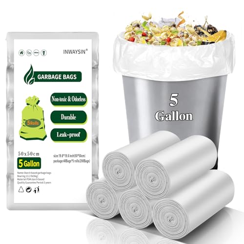 Compostable 5 Gallon Trash Bag - Inwaysin Biodegradable Small Garbage Bags Unscented Thickened & Strong Waste Basket Liners for Bathroom Kitchen and Office (5 Rolls, 200 Count) - style: Bio-White-5Gal200