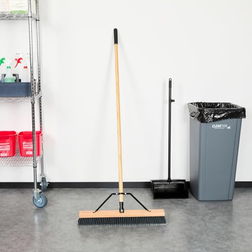 Restaurantware-Clean Tek Professional 24 Inch Push Broom, 1 Heavy-Duty Broom with 60” Handle - Medium Plastic Bristles, Durable, Wooden, Commercial Use, for Deck, Driveway, Garage, Yard, Patio