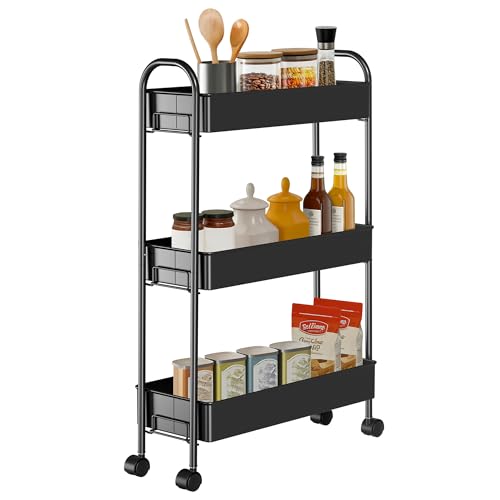 Slim Rolling Cart, Metal Frame Utility Rolling 3-Tier Narrow Storage Cart with Handle Kitchen Storage Organizer, Mobile Shelving Unit for Bathroom Kitchen - color: Black