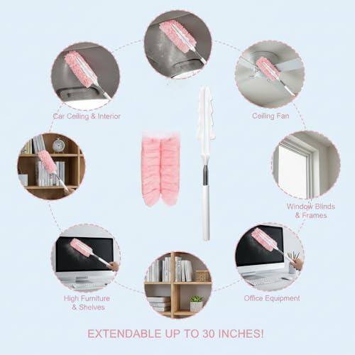 Microfiber Duster for Cleaning, Extendable Pole, Up to 30 Inch Reachable, Cleaning Tools for Car, Ceiling Fan, Window, Furniture, Office(Pink) - color: Pink