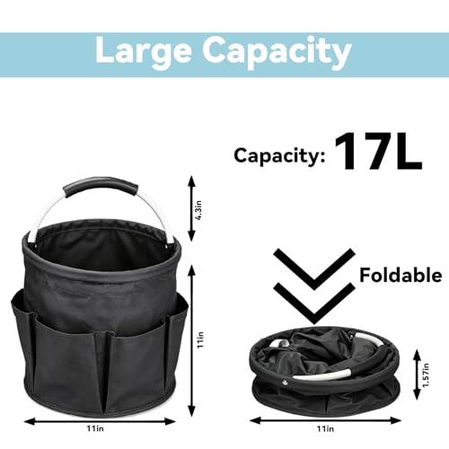 UFORU Cleaning Caddy with Handle, 17L Foldable Cleaning Supply Organizer with 6 Pockets, Portable Cleaning Products Basket, Oxford Fabric Storage Caddy for Home, Garden, Camping, Black