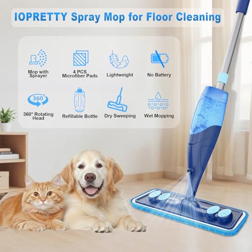 Microfiber Hardwood Floor Mop - Spray Mop with 4 Washable Pads | Wet Dry Use Mop, For Tile Wood Laminate Vinyl Marble Multi-Surface, 500+ ML Refillable Bottle, 360° Swivel Head, Dark Blue - color: Dark Blue