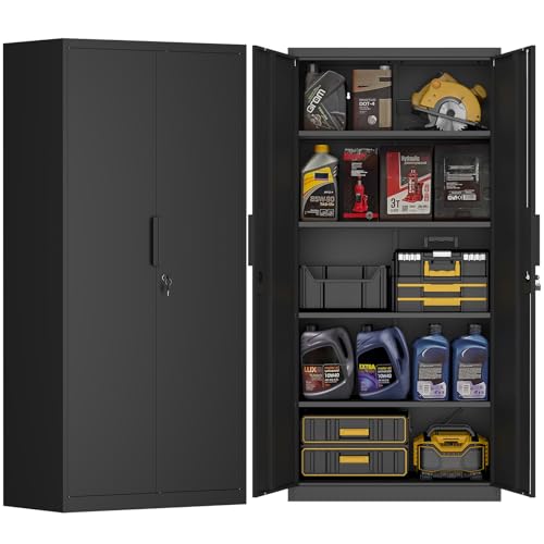 Metal Storage Cabinet with Doors and 4 Shelves, 72x34x18 Garage Storage Cabinets,Tall Black Locking Metal Cabinets with Lock for File, Office, Garage, Home - color: Black, size: 72''H-Garage cabinet