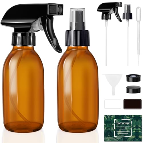 Tecohouse Glass Spray Bottles 4 OZ, Amber Empty Spray Bottle for Essential Oils, Small Glass Bottles for Cleaning Solutions, Plants, with Durable Nozzle, Labels, Funnel, Pipettes - color: Amber