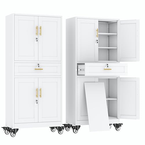 erosoei 75" H Metal Garage Storage Cabinet, Rolling Tool Cabinet with 2 Doors and Wheels, Locker Steel Cabinet with 4 Adjustable Shelves and Drawer, Organization Cabinet for Garage,Office,Home,Gym. - color: White, size: 75"With drawer