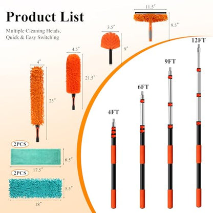 20ft High Ceiling Duster Kit with 4-12ft Heavy-Duty Extension Pole, Cobweb Duster, Ceiling Fan Duster, Window Squeegee & Cleaner, Microfiber Duster, Wall Mop for Home High Reach Cleaning
