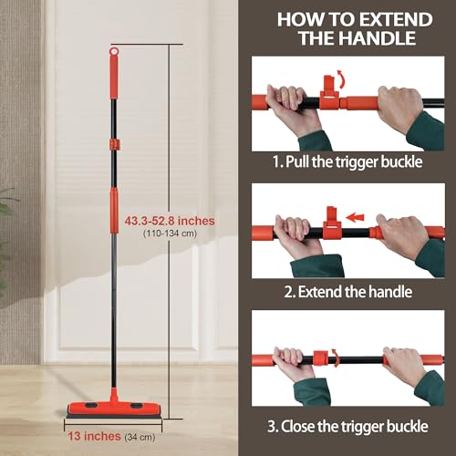 JEHONN Rubber Broom Carpet Rake Brush for Pet Hair with Squeegee, 52.8 inches Long Handle Silicone Fur Scraper Removal Tool with Detailing Lint Comb for Rug, Tile, Hardwood Floor Cleaning (Red) - color: Red