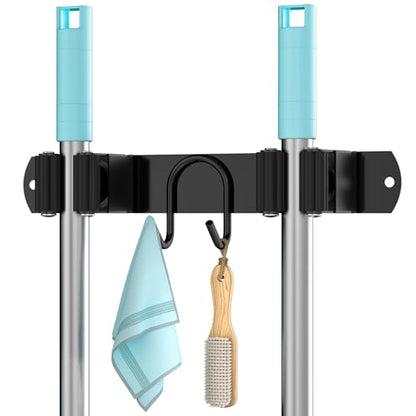 Broom Holder Wall Mount, Stainless Steel Mop and Broom Organizer, Broom Hanger with 2 Slots 2 Hooks for Home Kitchen, Garage, Garden and Laundry Room, Black - color: Black-1 Pack